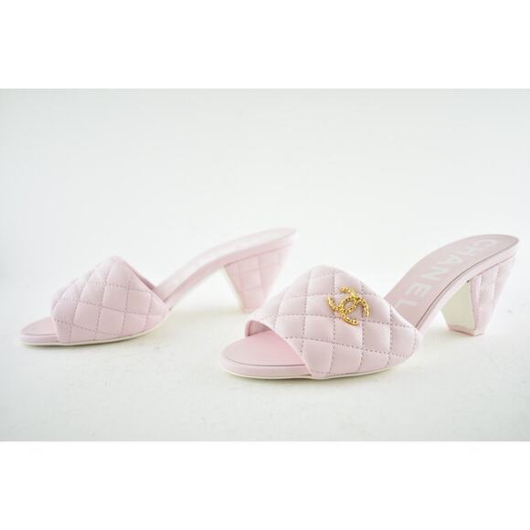 Chanel 22P Light Pink Lambskin Quilted CC Logo Cone Heel Mule Slide Sandal 42 - Picture 10 of 11